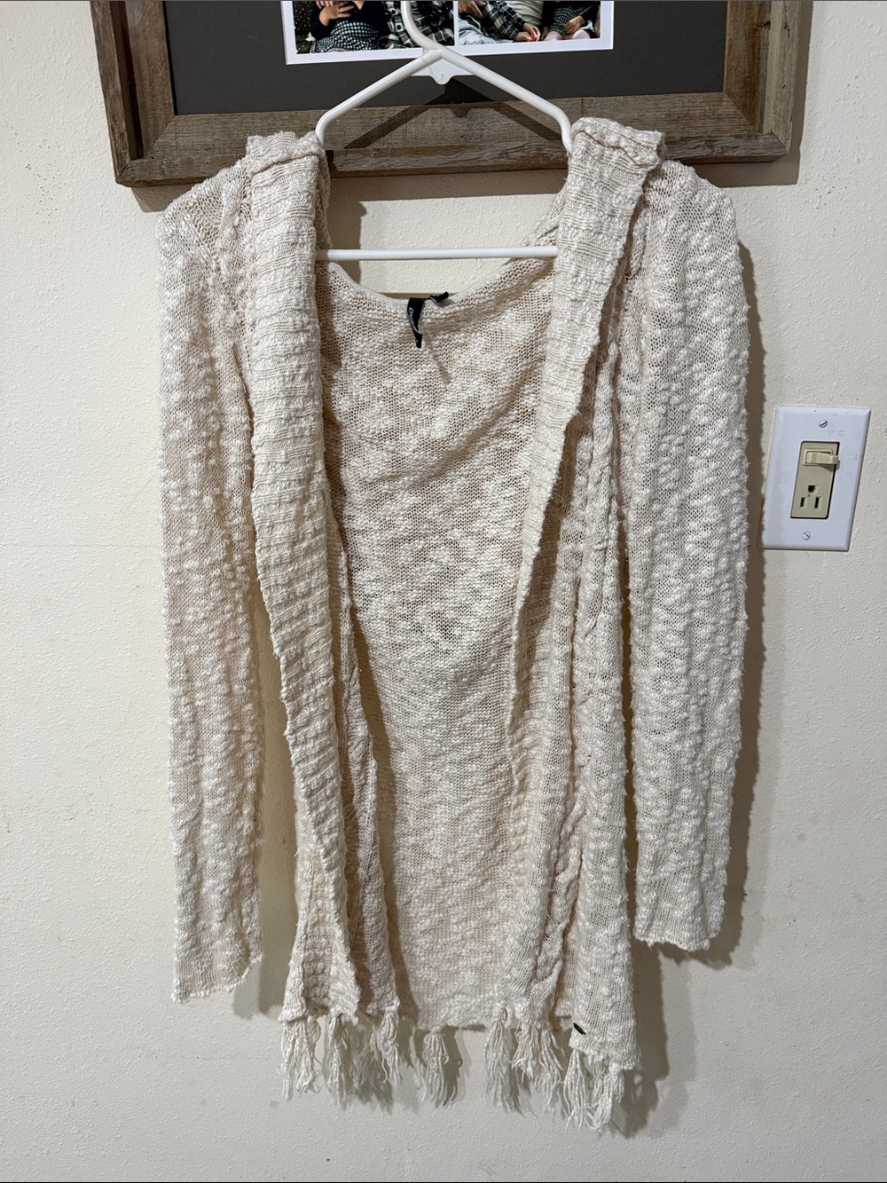O'Neill Cream Hooded Open-Front Fringe Cardigan